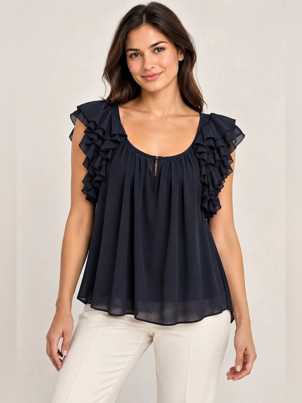 Banana Republic Navy Chiffon Cascading Ruffle Blouse XL